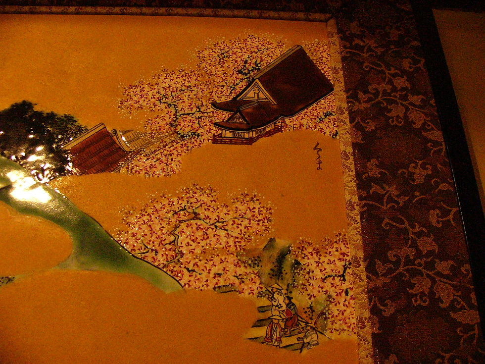 桜の山あいにお堂や参道を描いた、鞍馬寺の陶板(全体)