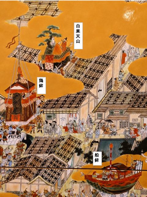 洛中洛外図屏風に描かれた祗園祭の山鉾と見物客