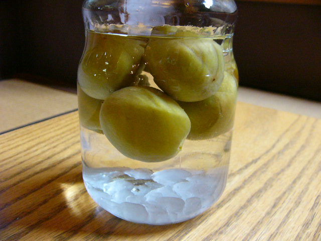 ガラス瓶に氷砂糖と青梅を入れて漬けた梅酒