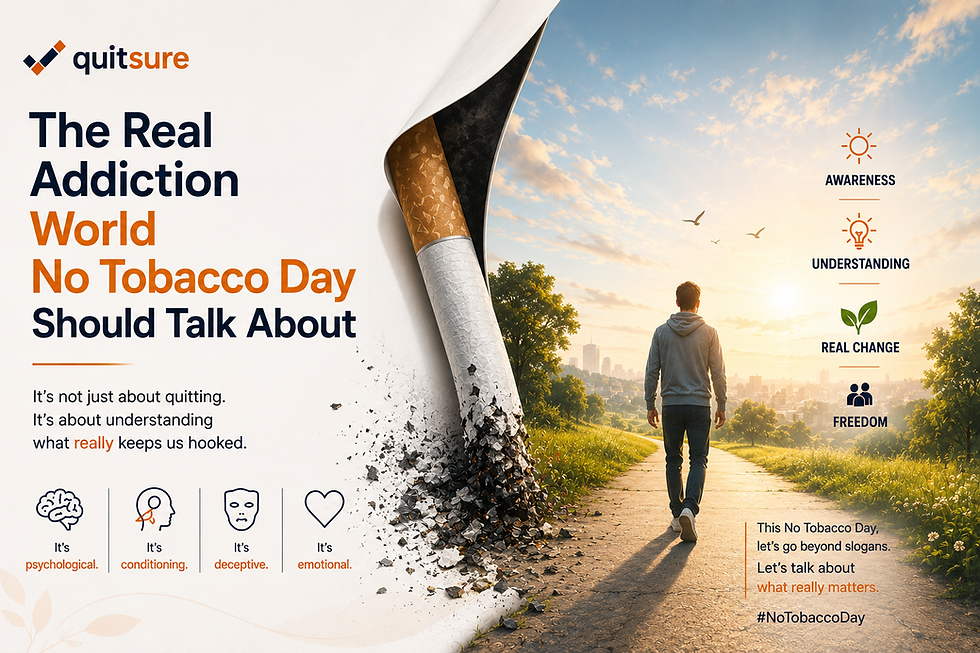 A World No Tobacco Day campaign graphic by QuitSure showing a cigarette peeling away to reveal a man walking down a sunny path toward freedom, highlighting the psychological and emotional aspects of addiction.