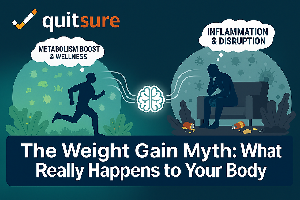 QuitSure blog illustration showing the weight gain myth after quitting smoking, contrasting metabolism boost and wellness with inflammation and disruption.