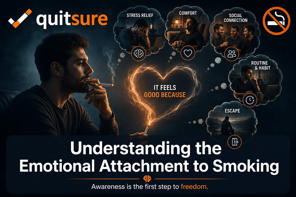 Infographic by QuitSure detailing the emotional attachment to smoking, highlighting triggers like stress relief, comfort, and social connection.