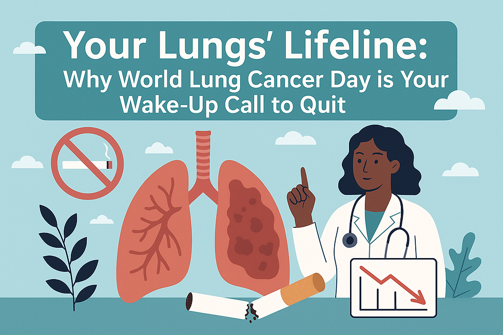 Illustration for World Lung Cancer Day showing healthy vs damaged lungs, a doctor, no smoking symbol, broken cigarette, and a downward graph promoting the Quit Smoking message.