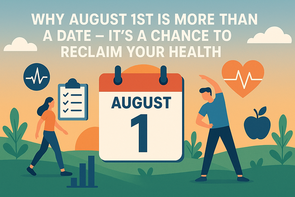 Illustration showing August 1st marked on a calendar with people exercising and wellness icons like a heart, apple, and checklist, symbolizing reclaiming health on World Lung Cancer Day.