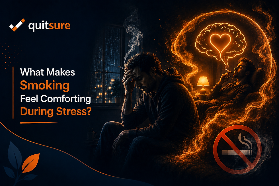 Infographic by QuitSure explaining what makes smoking feel comforting during stress, contrasting a stressed man with a glowing brain-heart illustration of false chemical relaxation.