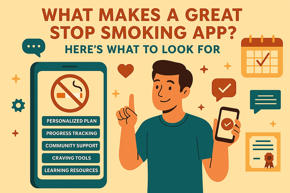 Flat-style digital illustration for a blog titled “What Makes a Great Stop Smoking App? Here’s What to Look For,” showing app features like personalized plans, tracking, and support.