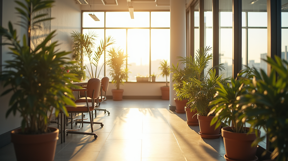 High angle view of a sunlit office space with plants and large windows