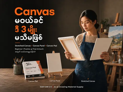 Canvas types for painting including stretched canvas, canvas panel and canvas pad