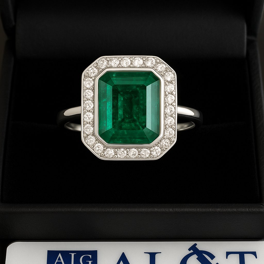 Smaragd-Ring 3,71 ct Sambia - 585 Weißgold mit Diamant-Halo & Zertifikat