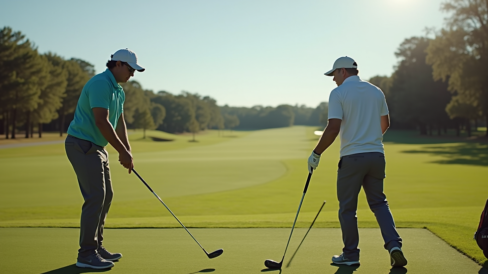 Wide angle view of a golf coach demonstrating swing technique to a beginner on a practice range