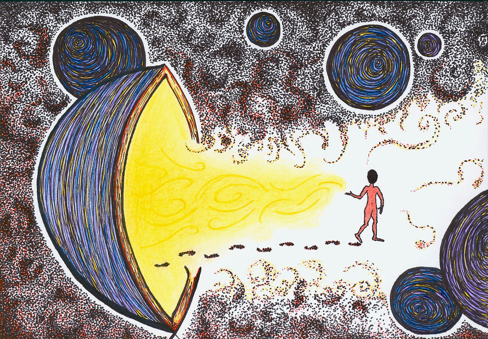 Biles, Chris. "Into Darkness,"Sharpie and colored pencil on paper, 7" x 10"