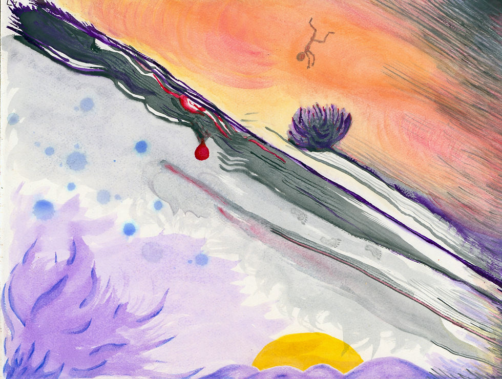 Biles, Chris. "Falling,"Ink, colored pencil, sharpie, watercolor on paper, 9" x 12"