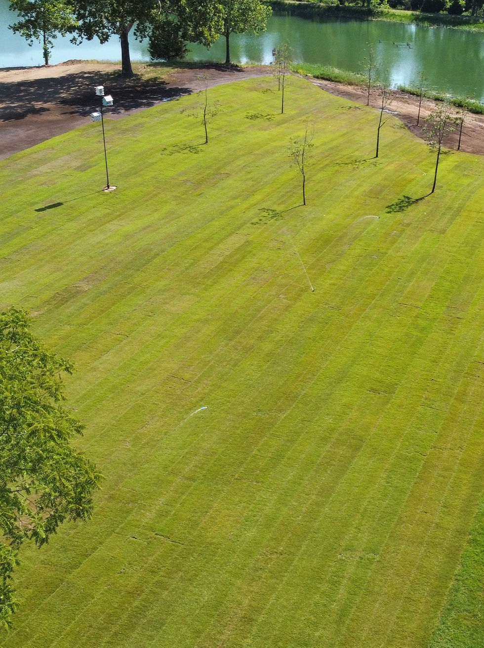 Aerial view of a newly installed zoysia sod lawn with irrigation coverage near a pond. Warm season zoysia grass provides excellent drought tolerance, heat resistance, and lower summer water requirements compared to cool season lawns in Southwest Missouri.