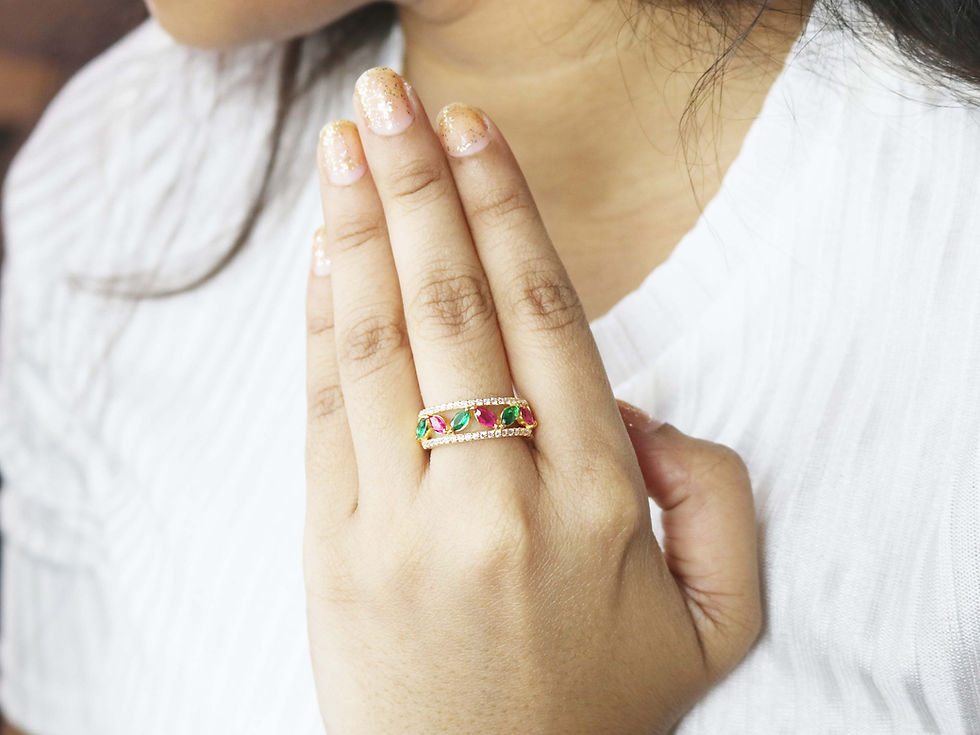 Thumbnail: Handcrafted Ruby & Emerald Marquise Ring – Sterling Silver Statement Design