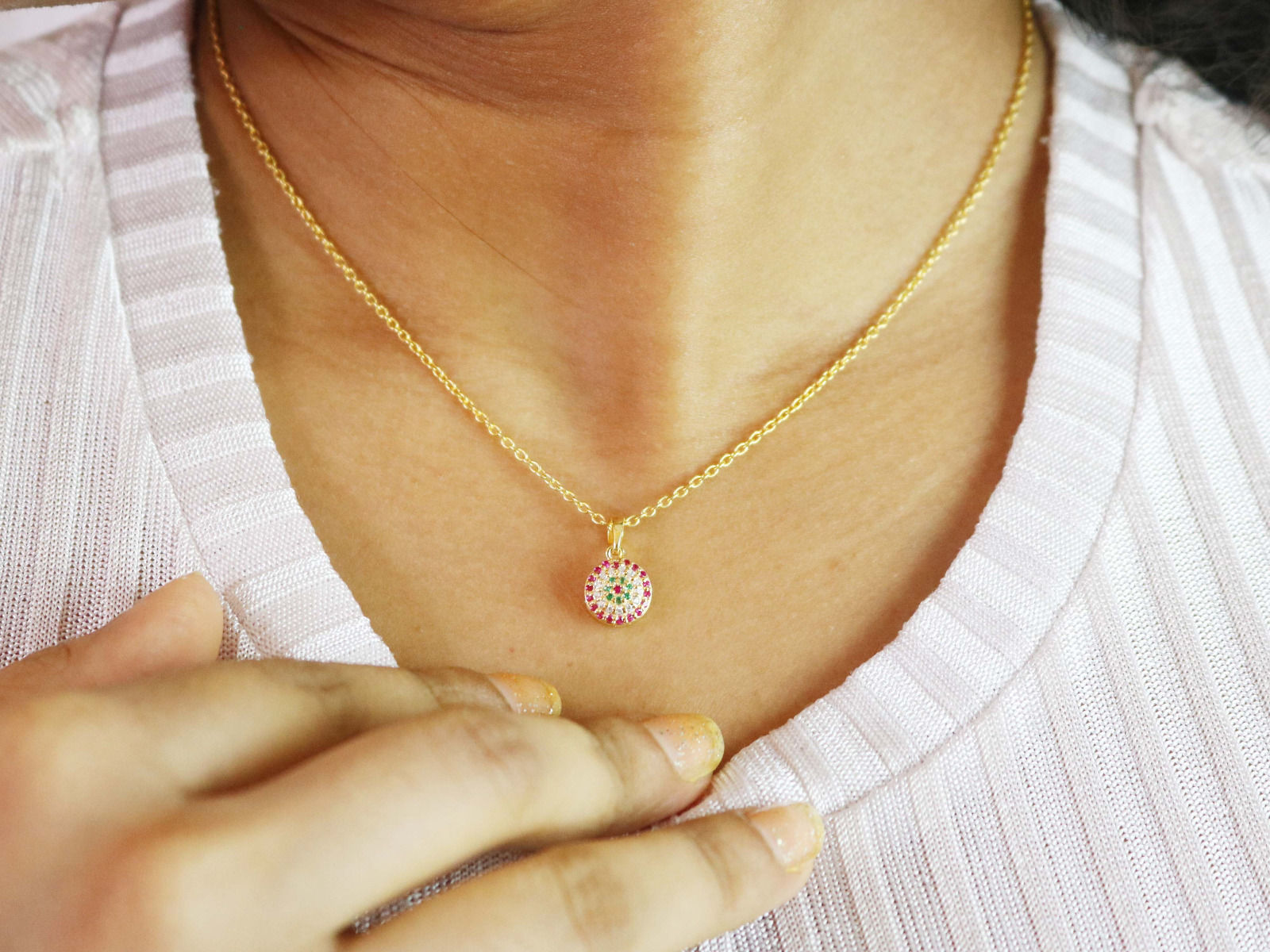 Evil Eye Dainty Ruby Diamond Necklace – 925 Sterling Silver