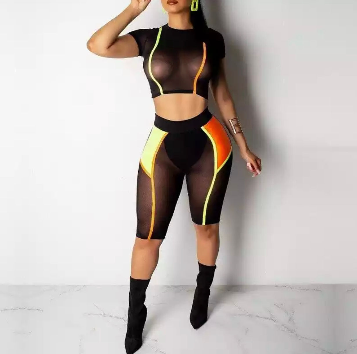 Short Sleeve Sheer Mesh SEE THROUGH Plain Tops Pants Jumpsuit Set