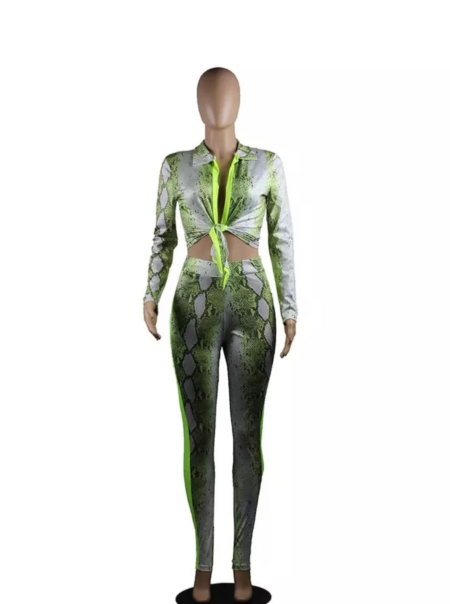 Thumbnail: women Snakeskin grain tie up bow turn down neck long sleeve top skinny pencil pa