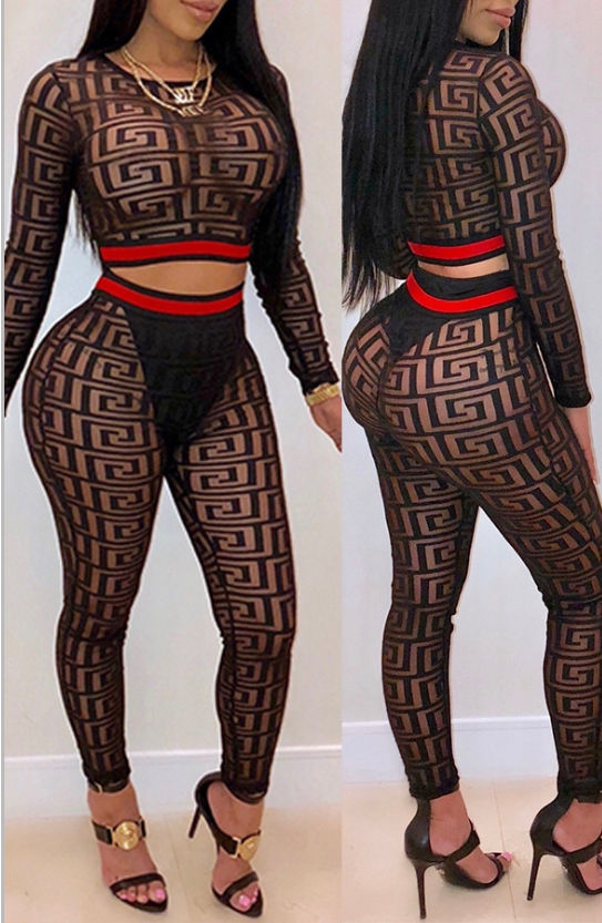 Sexy Printed Black Two-piece Pants Set