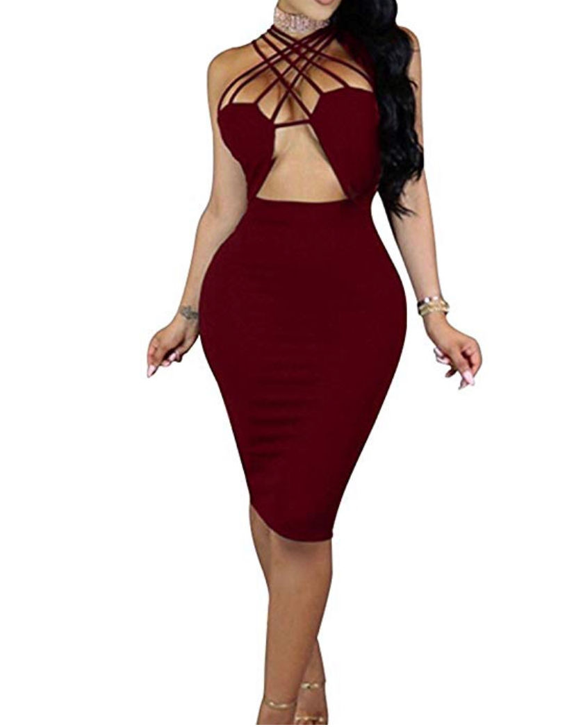 Thumbnail: Sexy Sleeveless Halter Bandage Cut Out Bodycon Nightout Party Midi Dress 