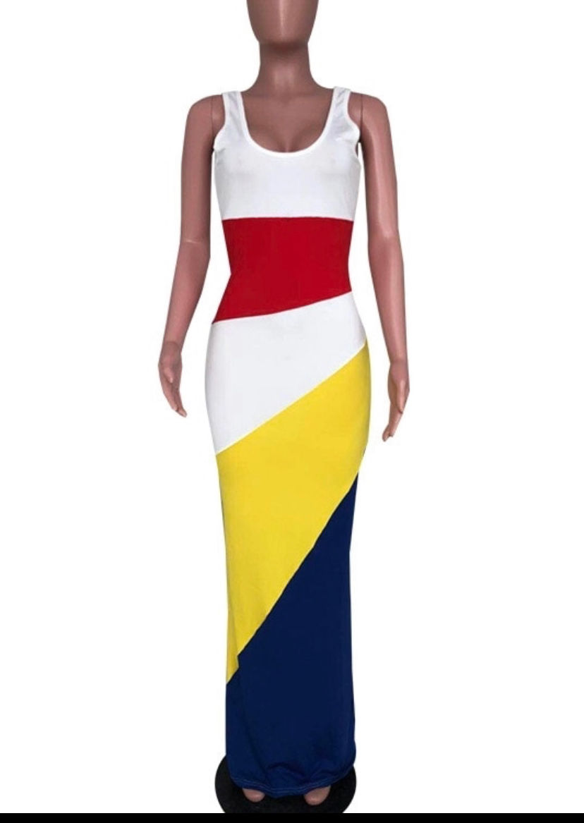 Thumbnail: colorful patchwork sleeveless slim tank tee maxi dress