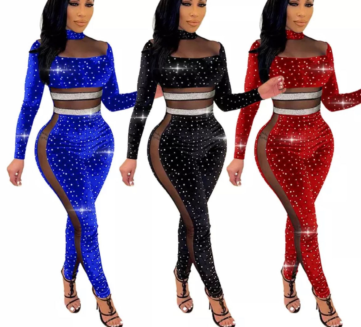 Sheer Mesh Patchwork Diamonds Velvet Jumpsuits 