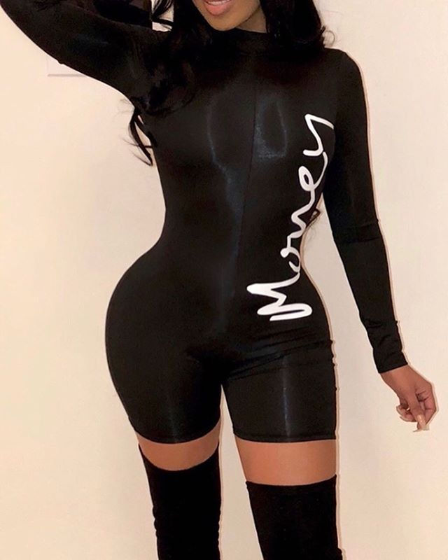 Lovely Trendy Printed Skinny Black One-piece Rompers