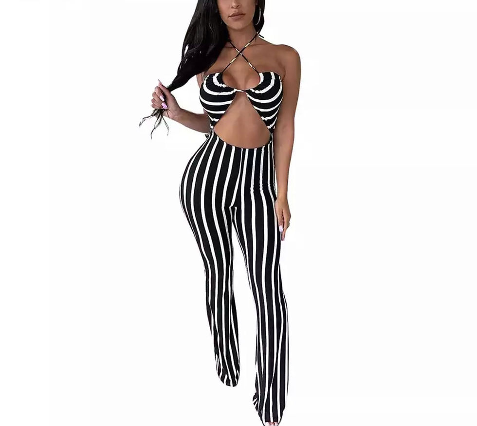 Thumbnail: Black White Striped Off The Shoulder Backless Sexy Jumpsuit 