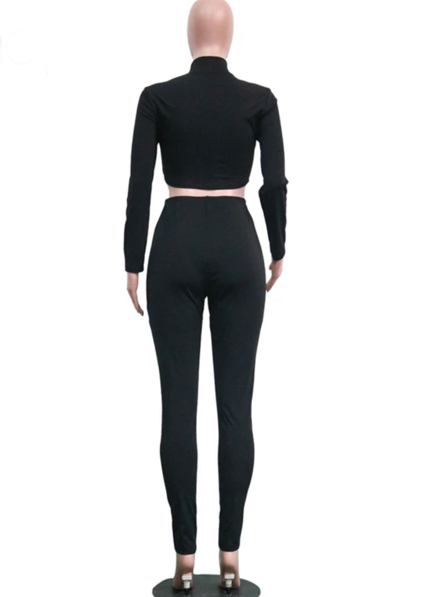Thumbnail: Black Mesh Splice Striped Long Sleeve Crop Top and Pencil Pants Yoga Set
