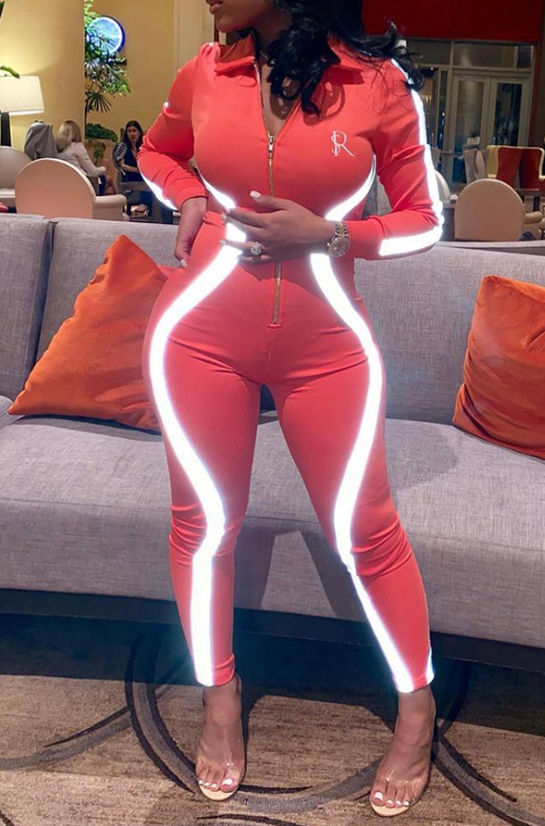 Casual Zipper Design Orange One-piece Jumpsuit(With Elastic)
