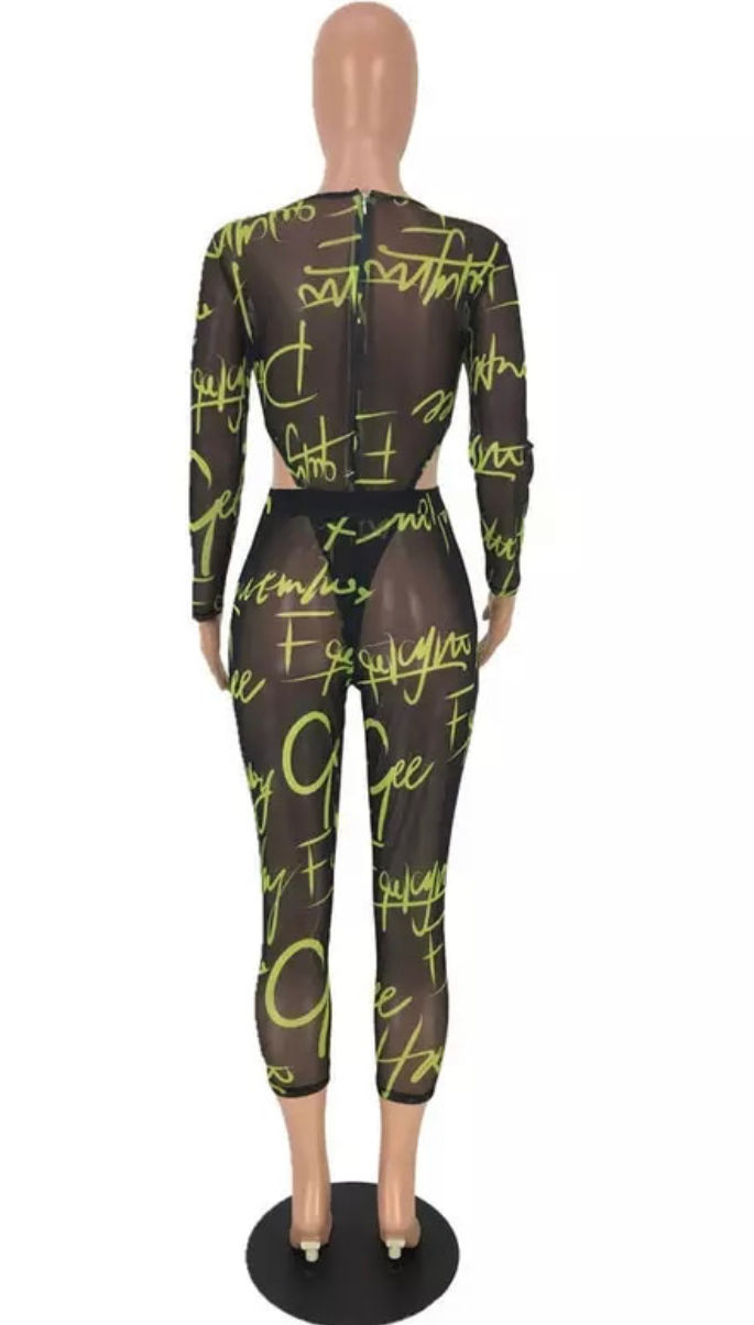 Thumbnail: Neon Letter Print Mesh Spliced Two Piece Set