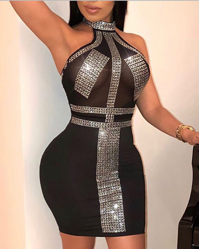 Lovely Sexy Rhinestone Decorative Silver Cotton Blends Mini Dress