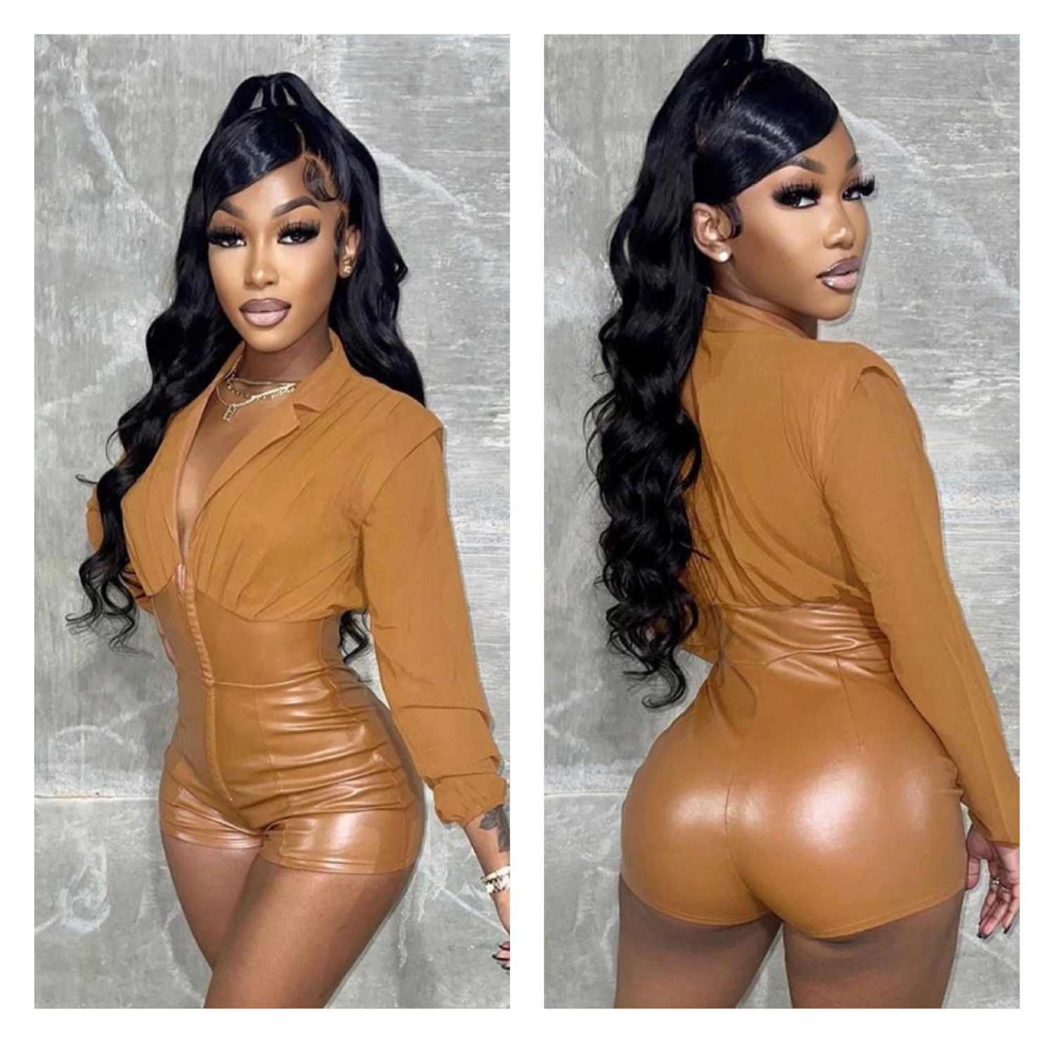 Solid High Waist Long Sleeve Bodycon  Jumpsuit