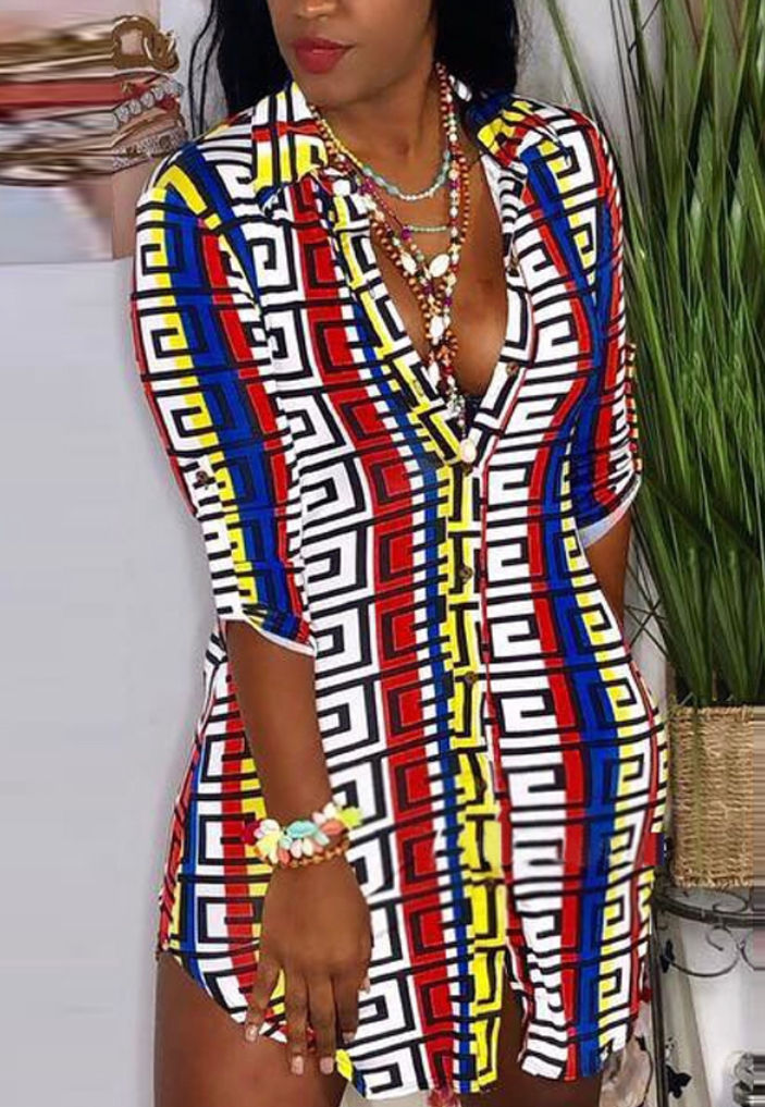 Fashion Printed Yellow Button Blouse Dress