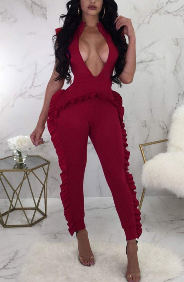 Fashion Sexy Sleeveless Wine Red Zipper Jumpsuit