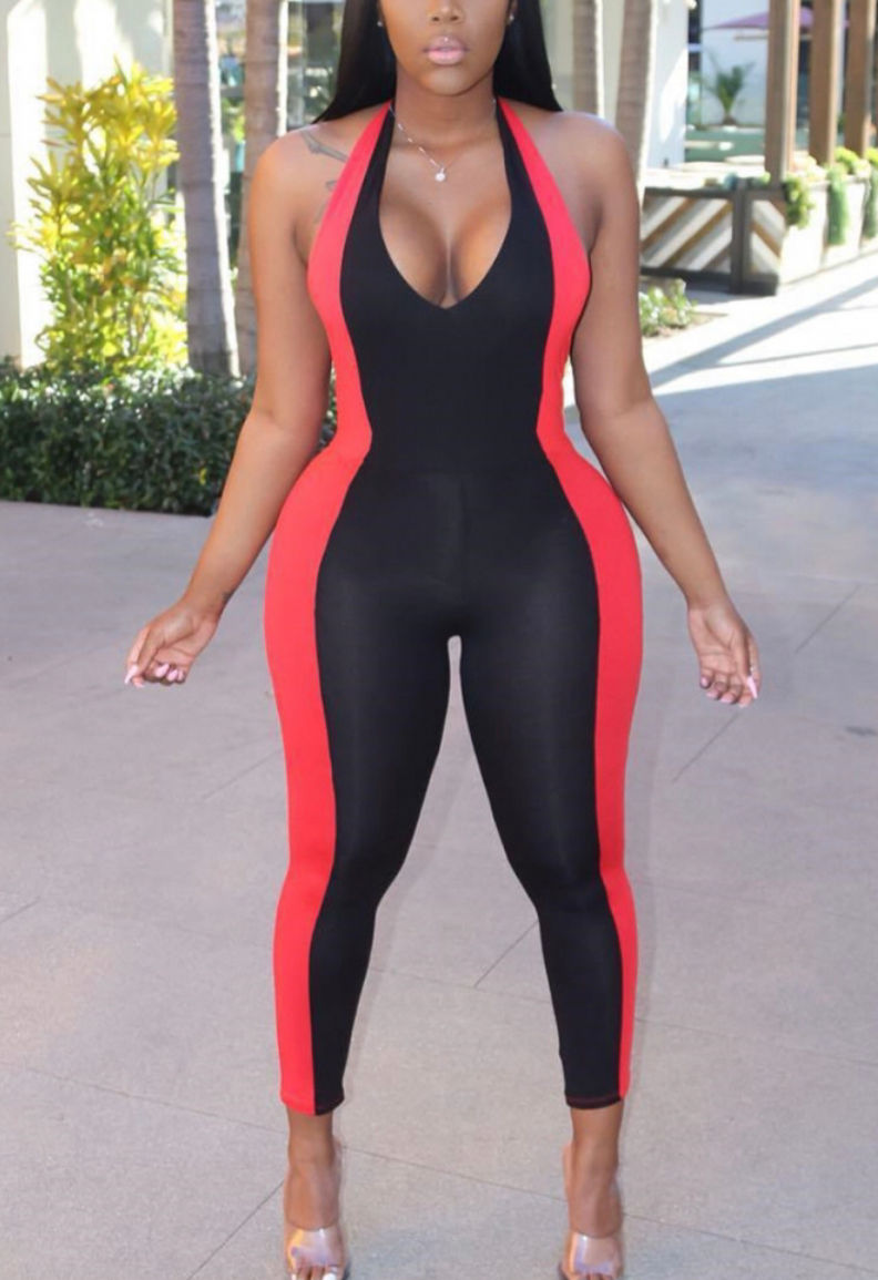 Sexy Halter Backless Sleeveless Red Jumpsuit