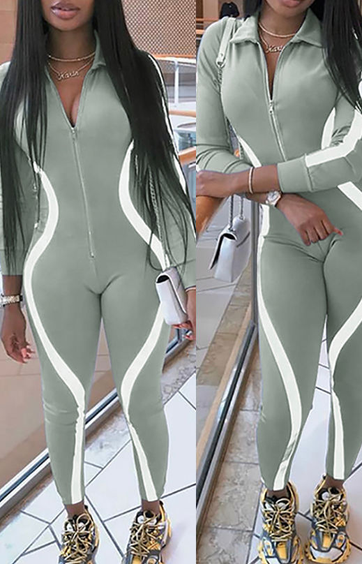 Casual Zipper Design Grey One-piece Jumpsuit(With Elastic)