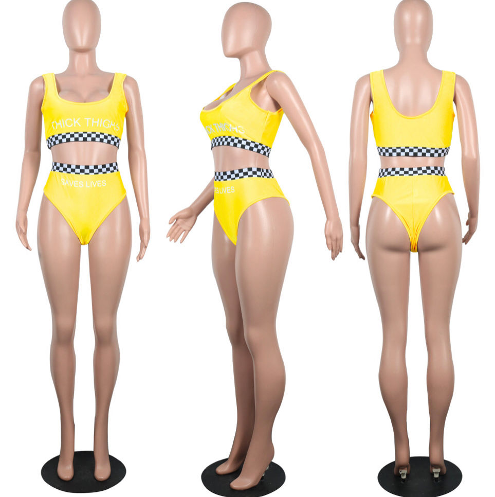Thumbnail: Euro Sexy Letter Printing Plaid Swimwear