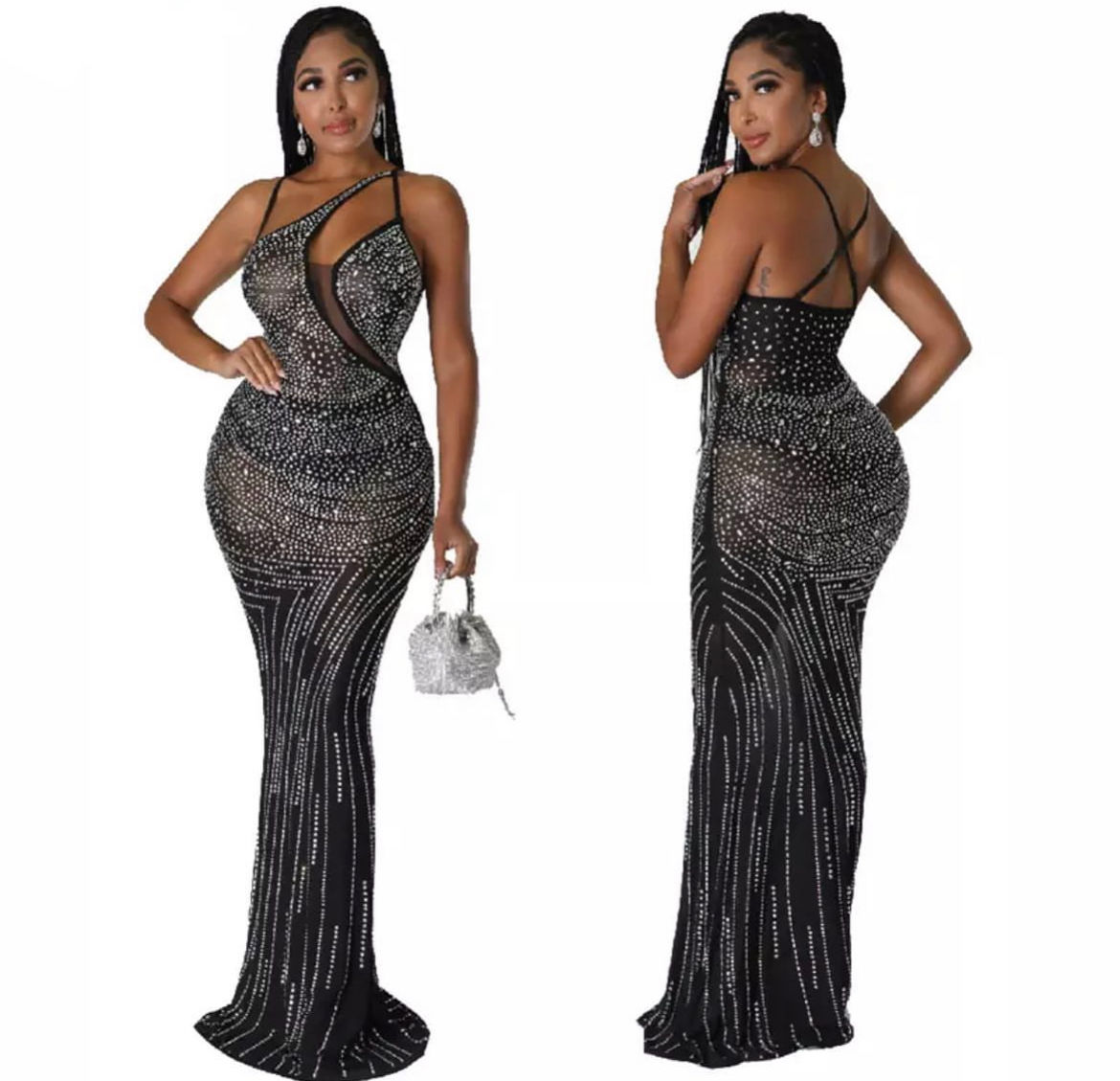 Diamonds Sheer Mesh Spaghetti Stapped Mini Dress