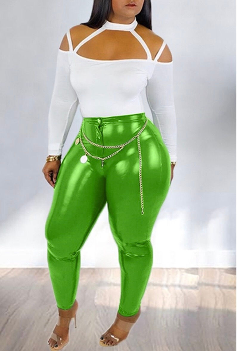Thumbnail: Sexy Top Hanging Neck PU Pants Two-Piece Suit