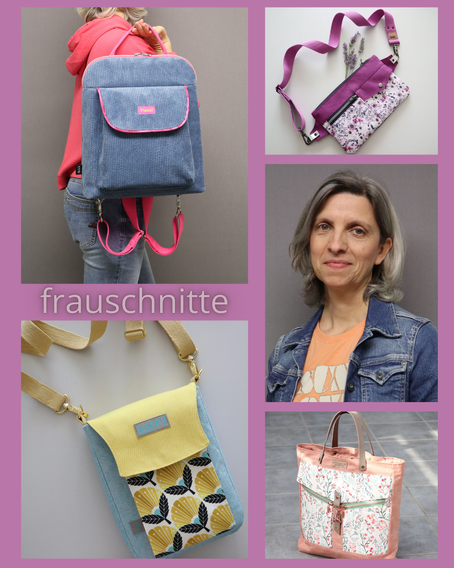 Collage aus handgenähten Taschen und Rucksack von frauschnitte sowie einem Portrait von Designerin Sabine Komarek – Interview über Schnittmuster, Kreativität und Nähen.