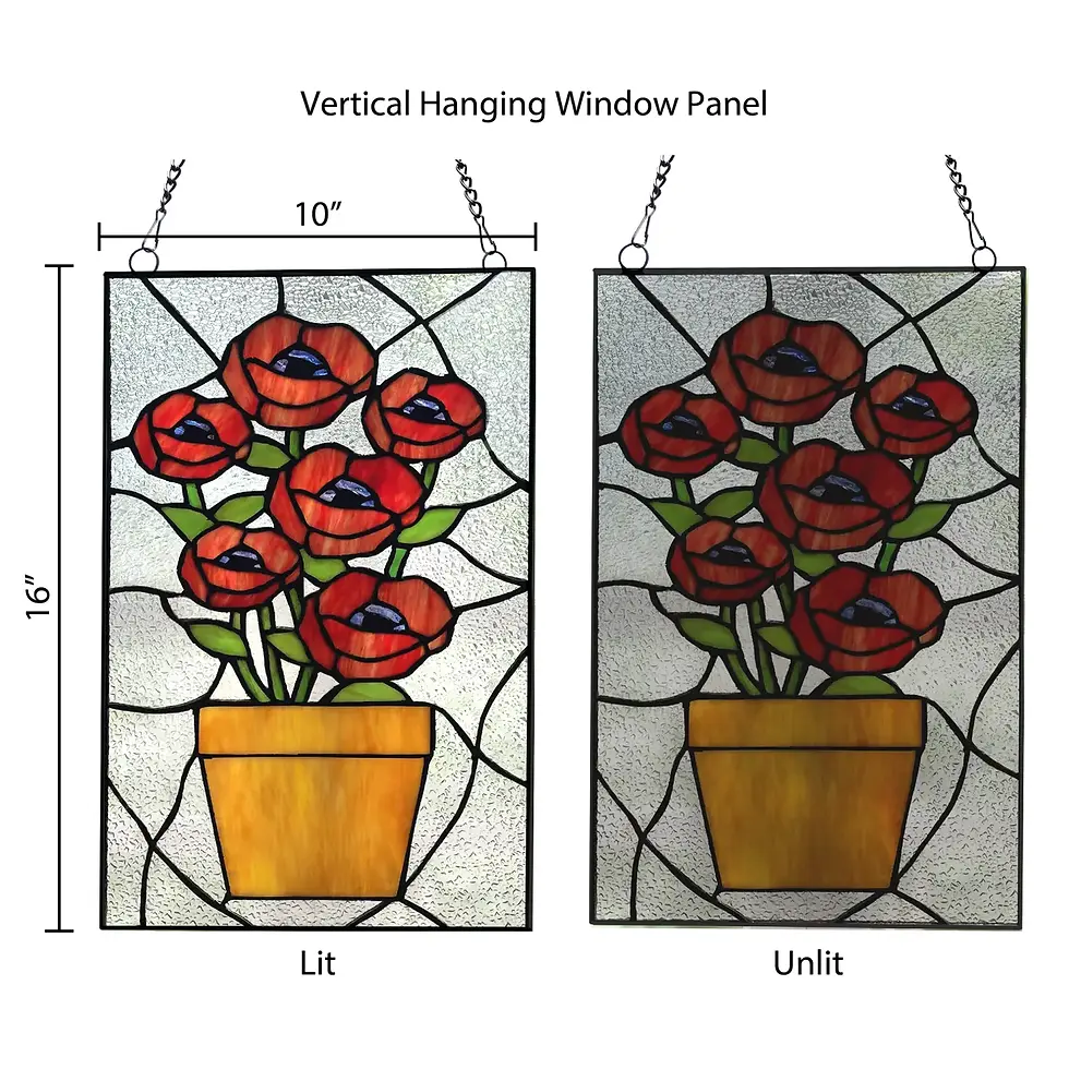 Thumbnail: 16"H Poppy Flowers Red Stained Glass Window Panel