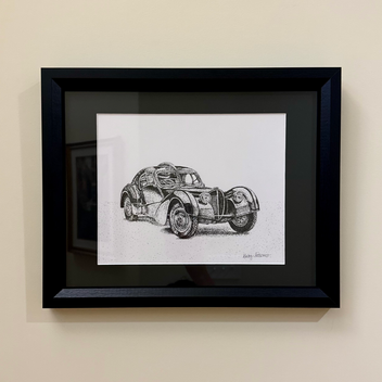 Black and white drawing of a vintage Bugatti drawn one dot at a time with a 3/4 view.