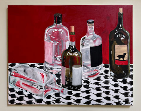Oil painting of alcohol glass wine and vodka bottles on a houndstooth tablecloth and a red background.