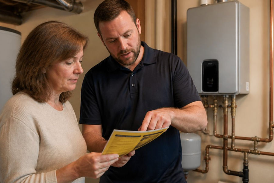 A homeowner and a licensed plumber reviewing a tankless water heater's yellow energy guide label together in a utility room, compact wall-mounted unit visible behind them, warm overhead lighting