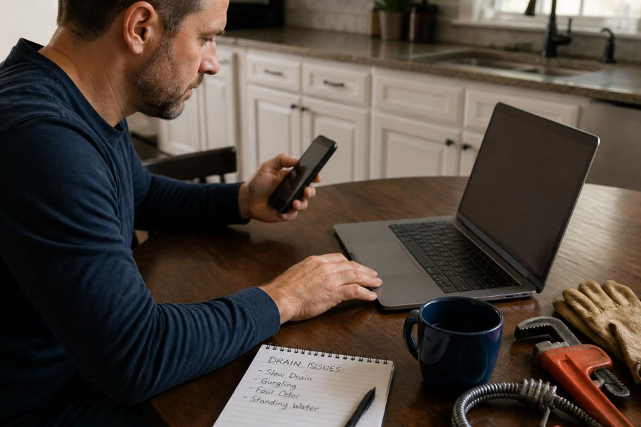 A homeowner sitting at a kitchen table with a laptop and phone, looking at a plumbing company's online scheduling page, with a notepad listing drain issues nearby