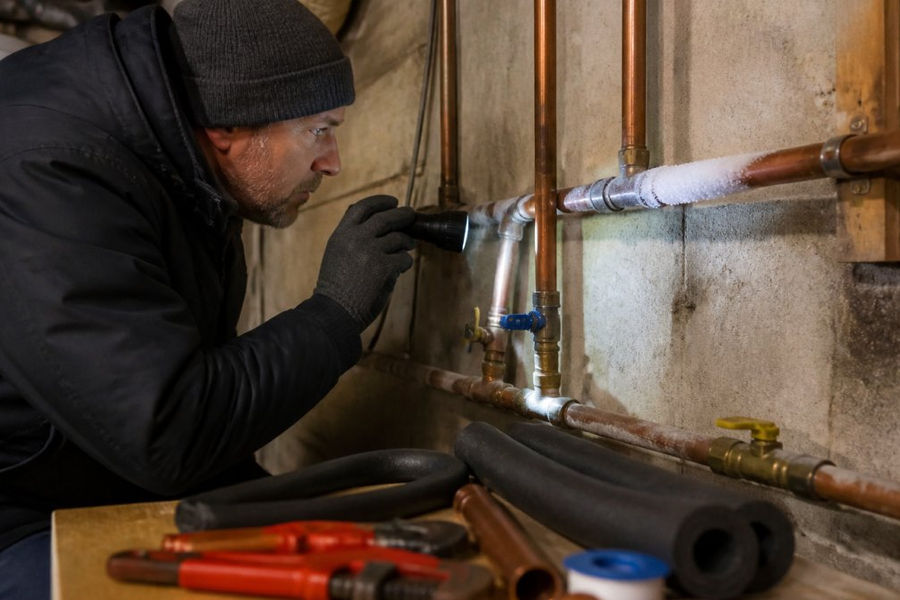 Homeowner using a flashlight to inspect a section of copper pipe covered in frost to identify frozen pipes.