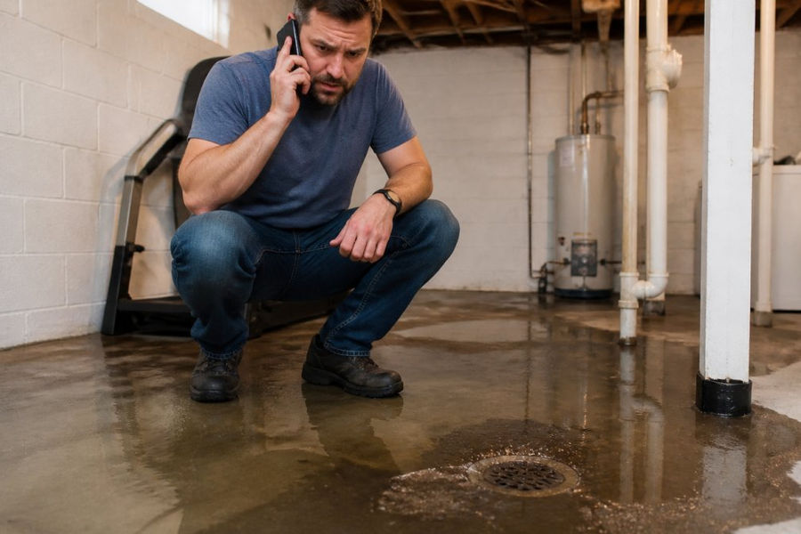 A homeowner in casual clothes standing in a basement, looking concerned at a floor drain with water pooling around it, holding a phone to call for help