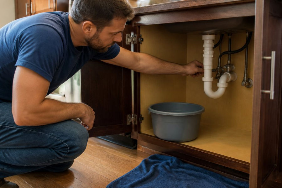 A homeowner kneeling beside a kitchen sink cabinet, one hand on the shut-off valve under the sink, a towel and bucket on the floor beside them, warm kitchen lighting