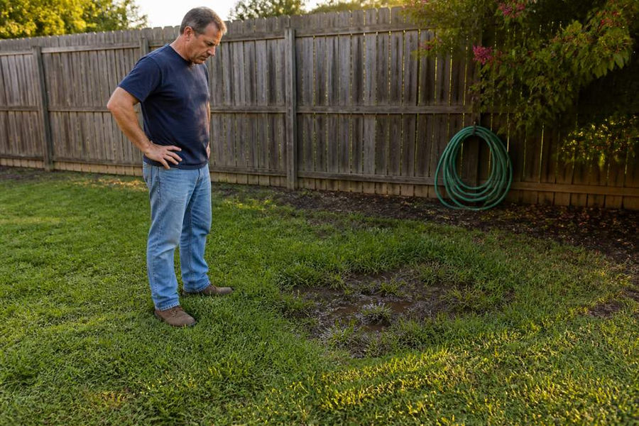 Concerned homeowner inspecting a sunken, soggy patch of grass indicating potential sewer line damage