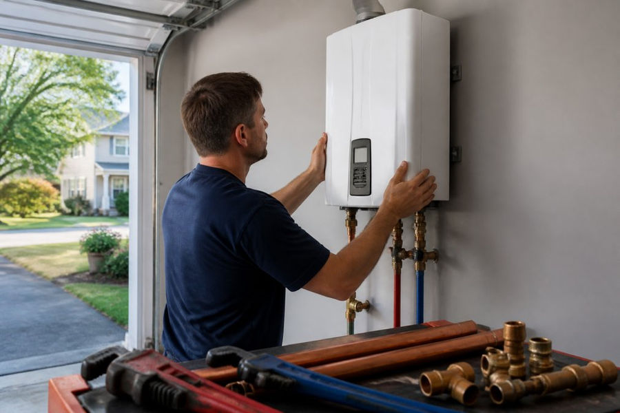 Close-up of a plumber's hands mounting a modern white tankless water heater on a garage wall, copper supply lines and pipe wrenches visible on a nearby workbench, bright daylight from an open garage door